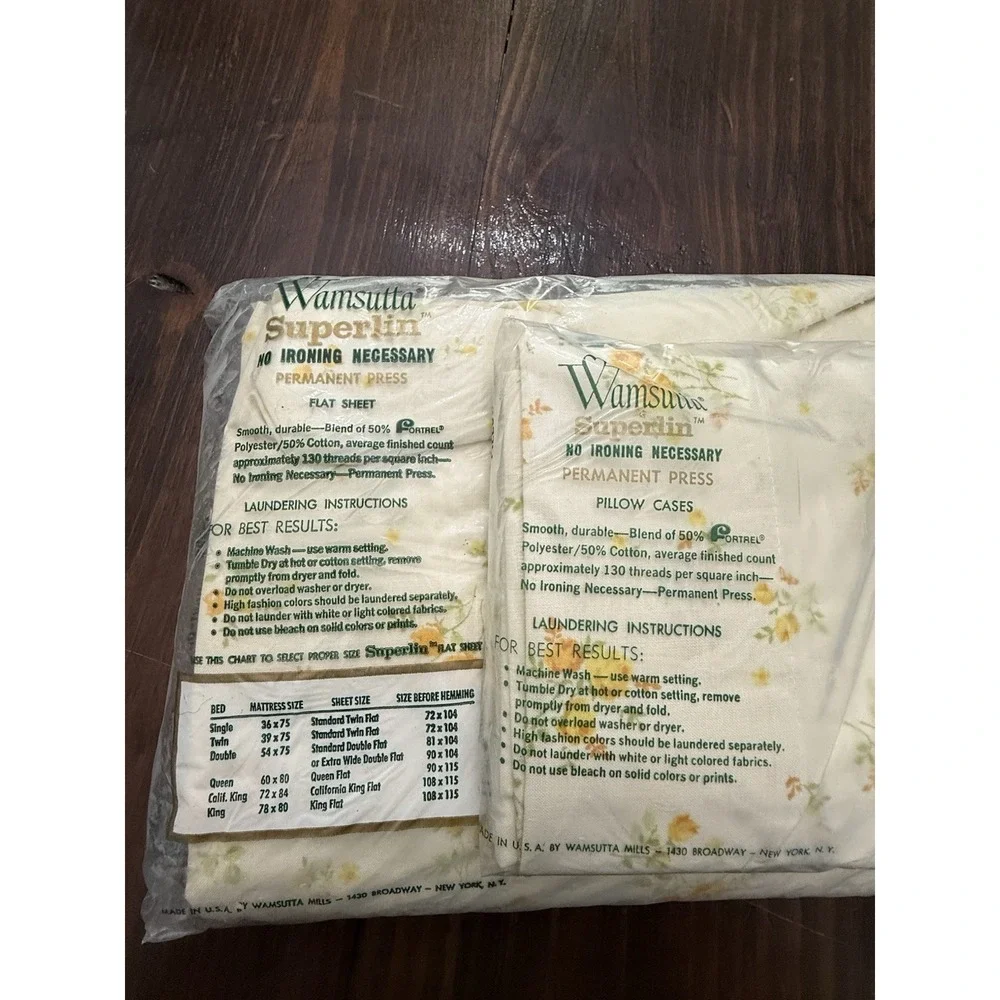 Vintage Wamsutta Superlin Double Flat Sheet 2 Pillowcases Yellow Floral Muslin